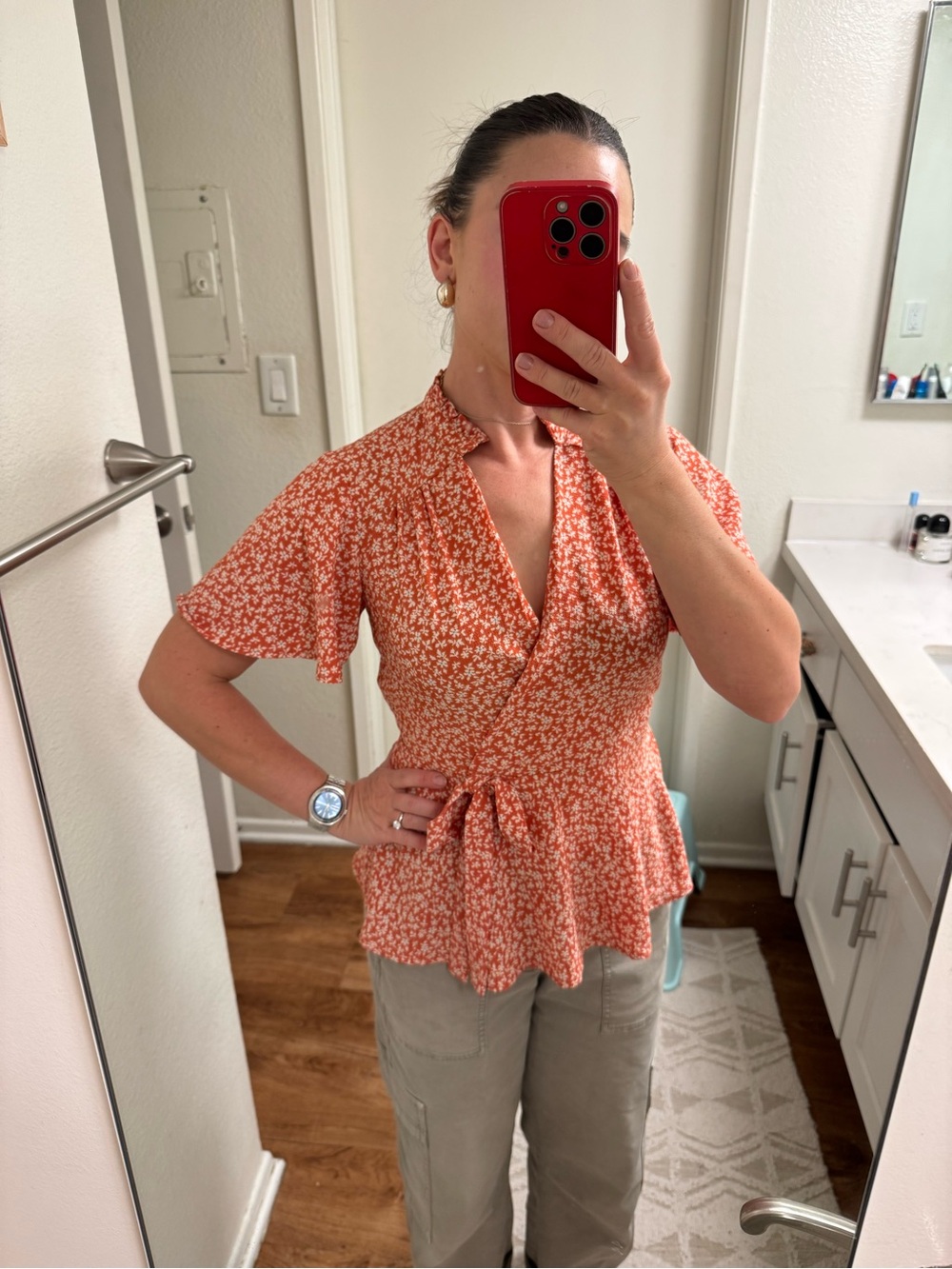 Monteau Orange Floral Wrap Peplum Blouse
